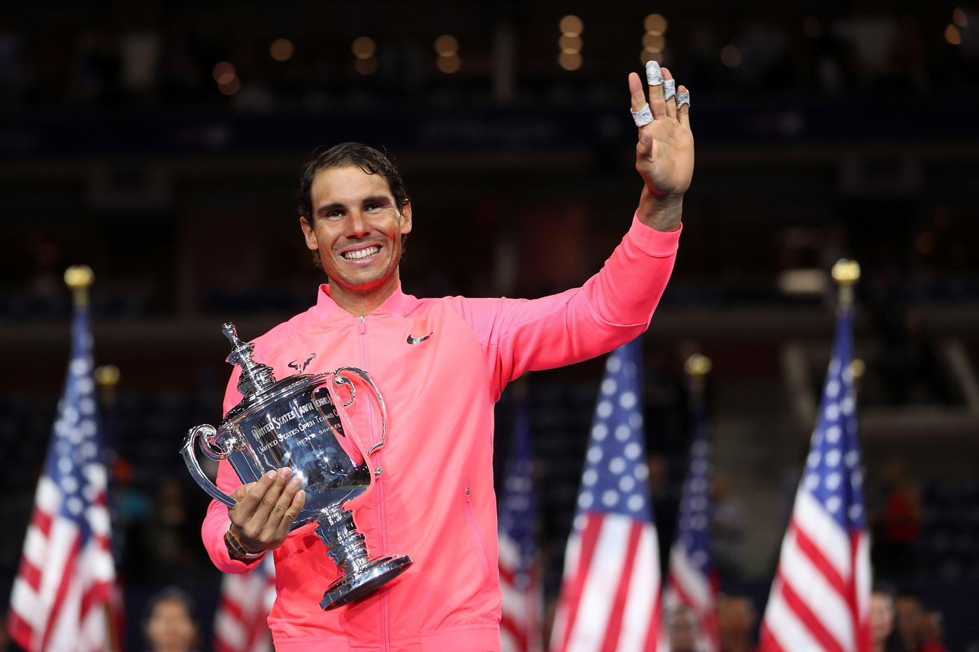 Nadal holds the US Open trophy for the third time